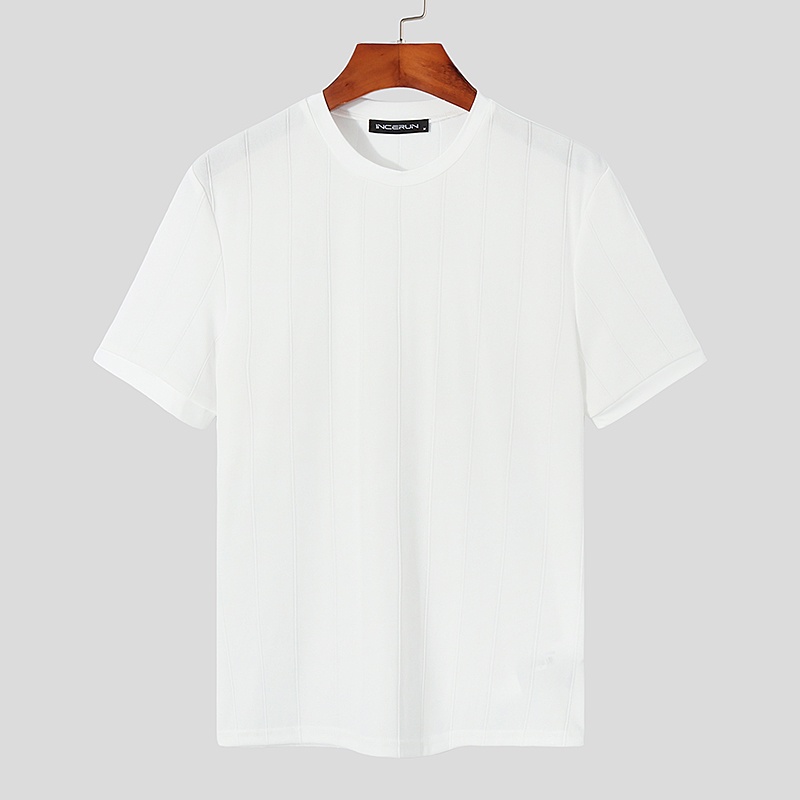 Áo thun INCERUN ngắn tay cổ tròn họa tiết kẻ sọc 3 màu tùy chọn thời trang cho nam