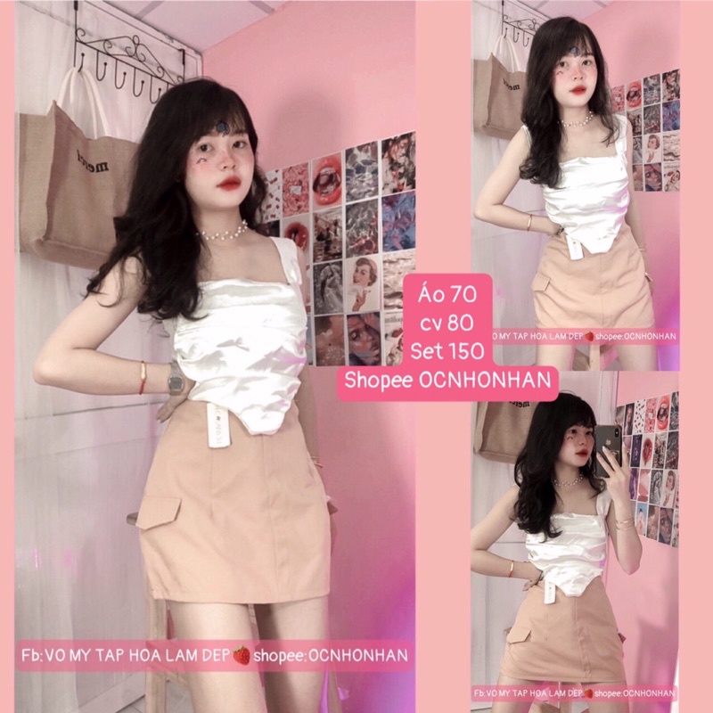 set áo cropto lụa vạt bầu phối chân váy túi (crop top set with bag skirts)