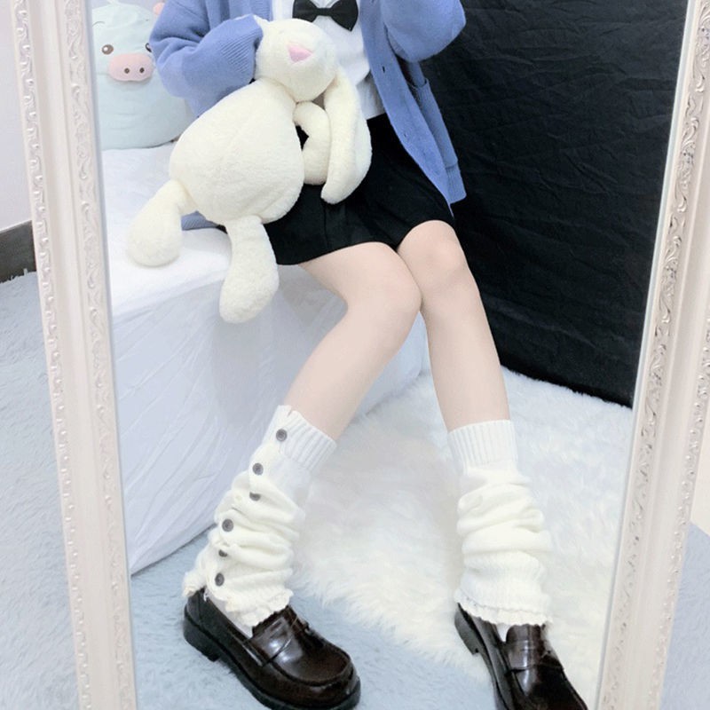 2021HOT▥♞Bộ bong bóng kiểu Nhật nữ phiên bản Hàn vừa ống len sợi trắng dễ thương jk