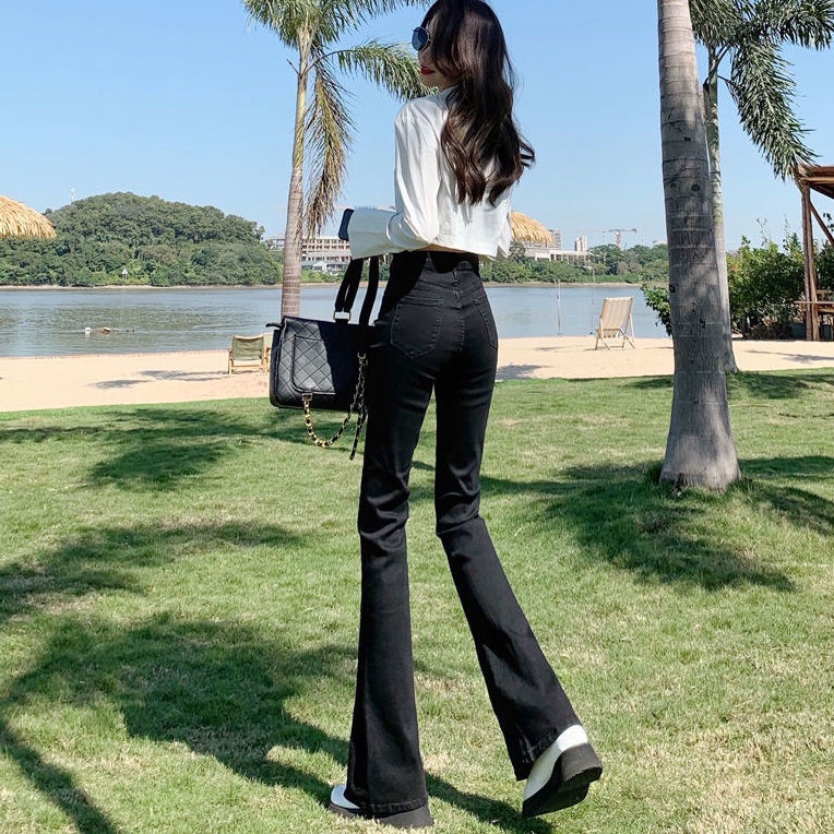Jiashucheng Quần Jean Nữ Ống Loe Lưng Cao Co Dãn Màu Đen