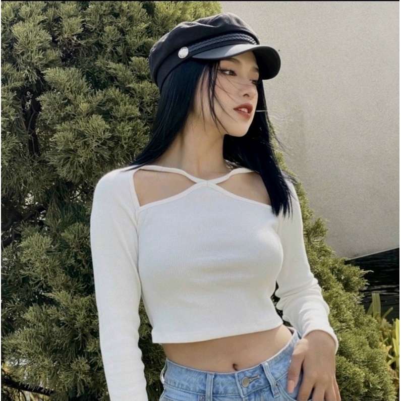 Áo tay dài croptop chéo cổ cut out - B5N