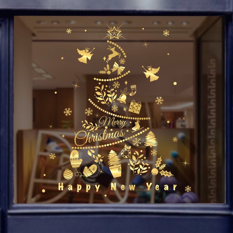 Decal trang trí Noel - Thông Phụ Kiện ánh vàng cao cấp