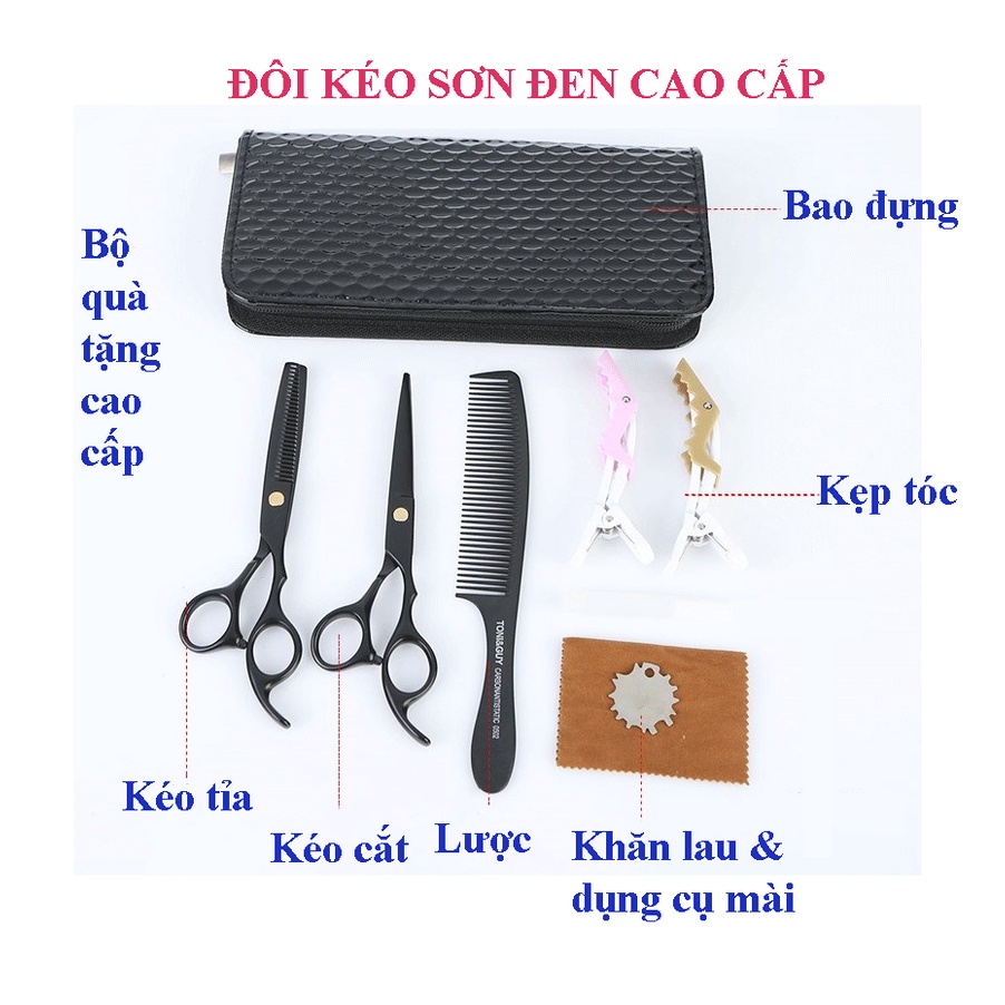 Bộ kéo cắt tỉa tóc sơn đen, Bộ kéo cắt tỉa tóc cao cấp, Lưỡi kéo sắc, Không gỉ, Chất liệu cao cấp, Bảo hành uy tín MOH