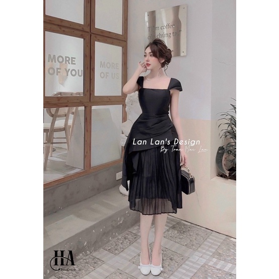 Váy tacffa cổ vuông tay cánh tiên phối chân váy xếp ly siêu xinh