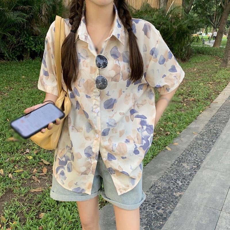 Áo Sơ Mi Chiffon Mỏng Tay Ngắn Dáng Rộng In Họa Tiết Kiểu Retro Hàn Quốc Thời Trang Mùa Hè Cho Nữ