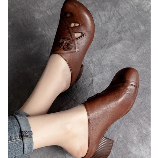 Dép Bít Mũi Bằng Da Thật Phong Cách Retro Thời Trang Mùa Hè 2021 Cho Nữ Trung Niên