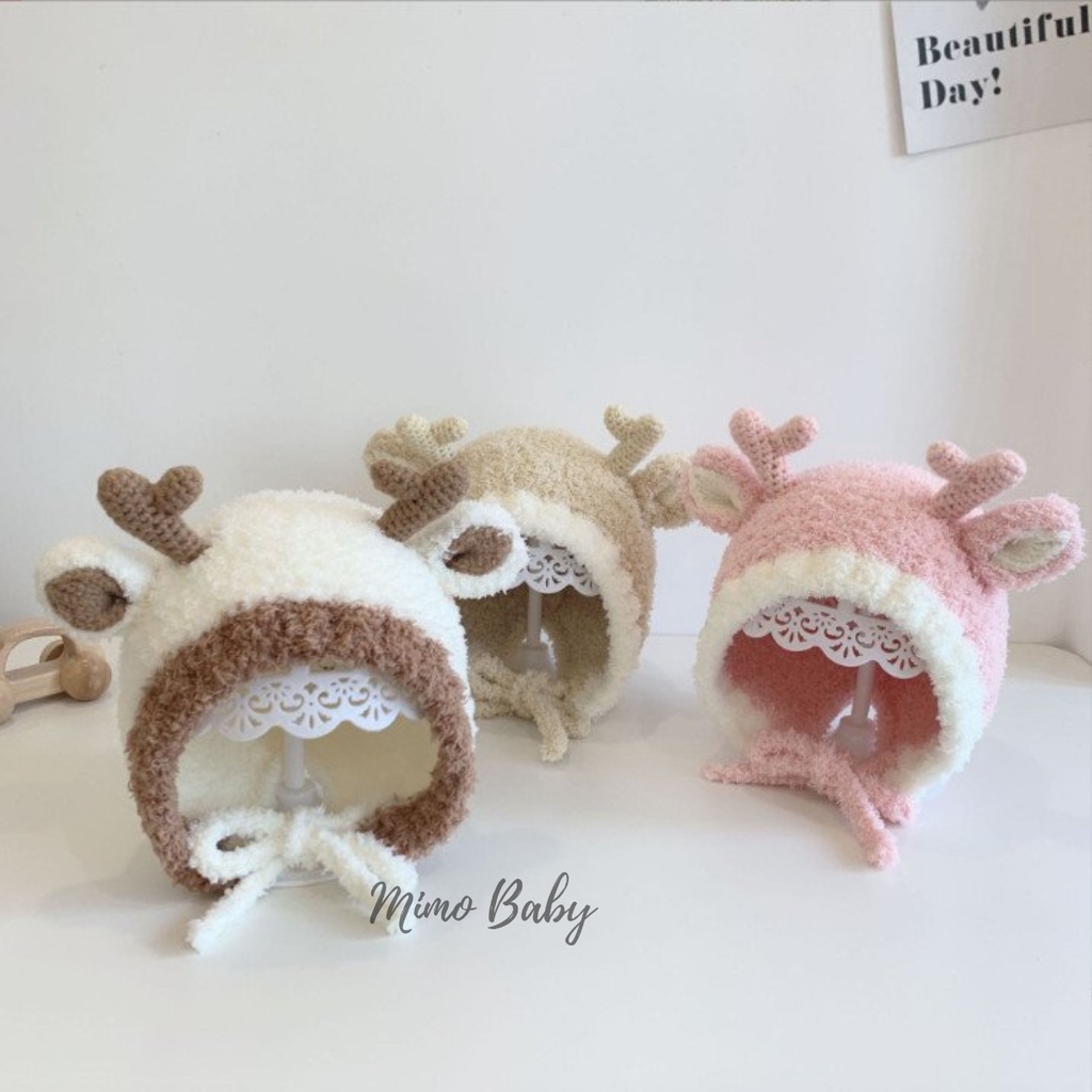 Mũ len lông buộc dây đính sừng tuần lộc đáng yêu cho bé ML195 Mimo Baby