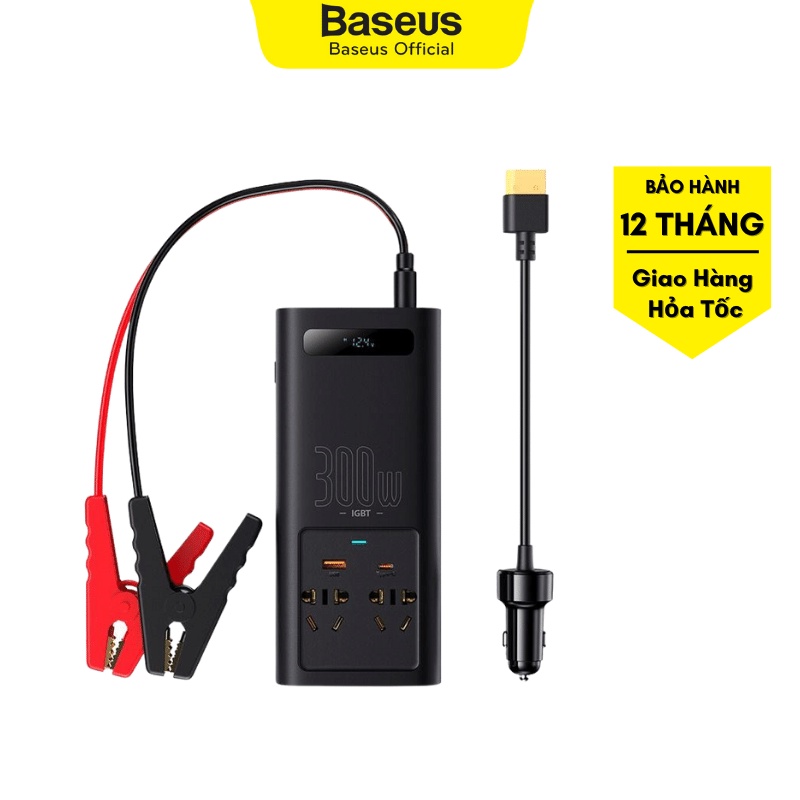Bộ kích điện 12V lên 220V Baseus IGBT Power Inverter 300W màu đen| Phụ kiện ô tô, ổ cắm đa năng| Bảo