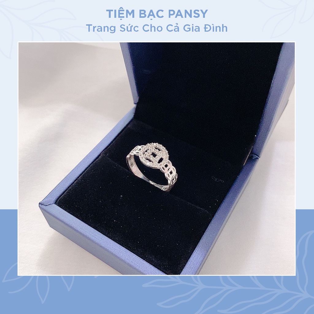 Nhẫn kim tiền bạc PANSY mặt đồng xu đính đá, nhẫn nữ ý nghĩa tài lộc may mắn bằng bạc ta thật
