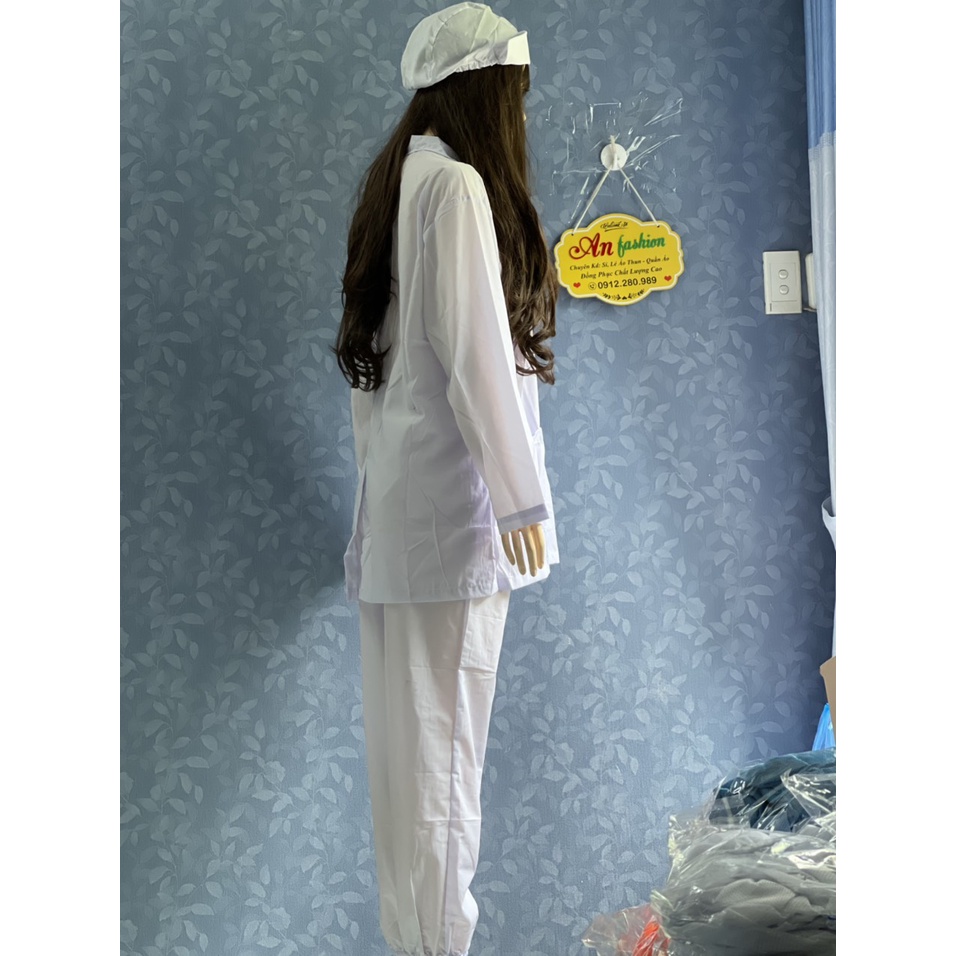 Combo cả bộ Áo Quần Mũ Blouse Trắng Điều Dưỡng, Áo Bác Sĩ, Dược Sĩ tay dài, chấm mông _ Hình chụp thật