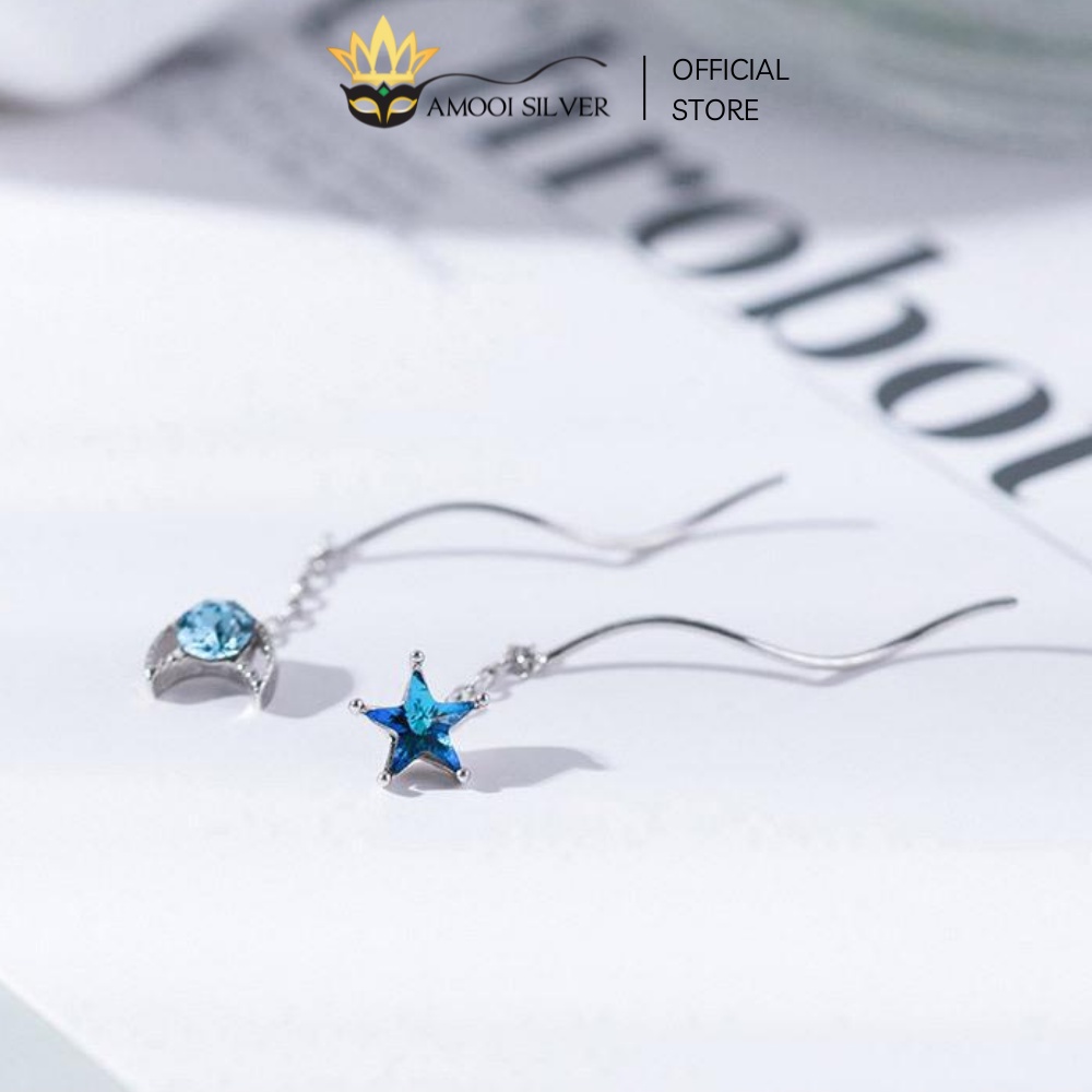Bông Tai Bạc S925 Mẫu Mặt Trăng Ngôi Sao Xanh Tua Rua - Amooi Silver AB56