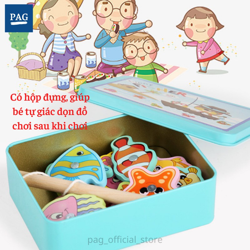 Bộ đồ chơi câu cá nam châm bằng gỗ, có hộp sắt.