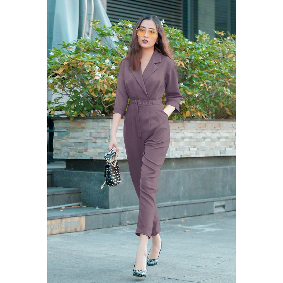 Jumpsuit đồ bay dài tay lỡ cổ vest kèm belt rời cá tính J979