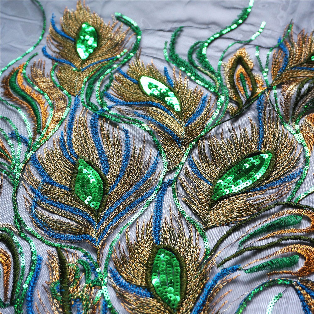 Vải Ren Thêu Hình Lông Công Màu Đen / Xanh Lá Đính Kim Sa Lấp Lánh Trang Trí Váy Cưới diy