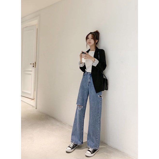 Quần jean bò ống rộng. quần jeans suông nữ cạp cao phong cách Hàn Quốc sành điệu style