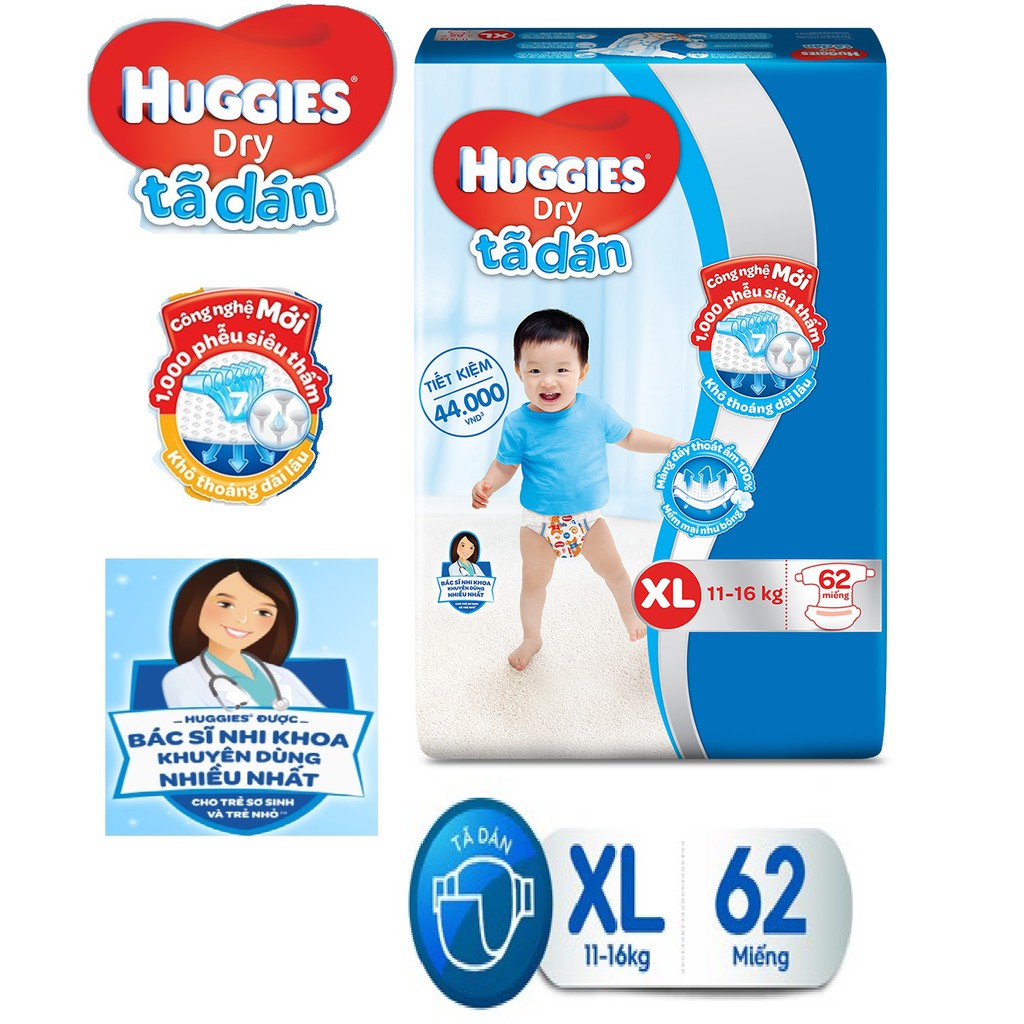 TÃ DÁN HUGGIES MẪU MỚI LOGO ĐỎ XL62 MIẾNG --- DÀNH CHO BÉ 11-16KG