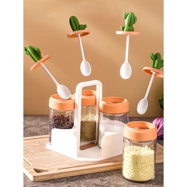 Set 4 Lọ đựng gia vị thủy tinh xương rồng cao cấp, hũ bột canh kèm muỗng thìa đẹp