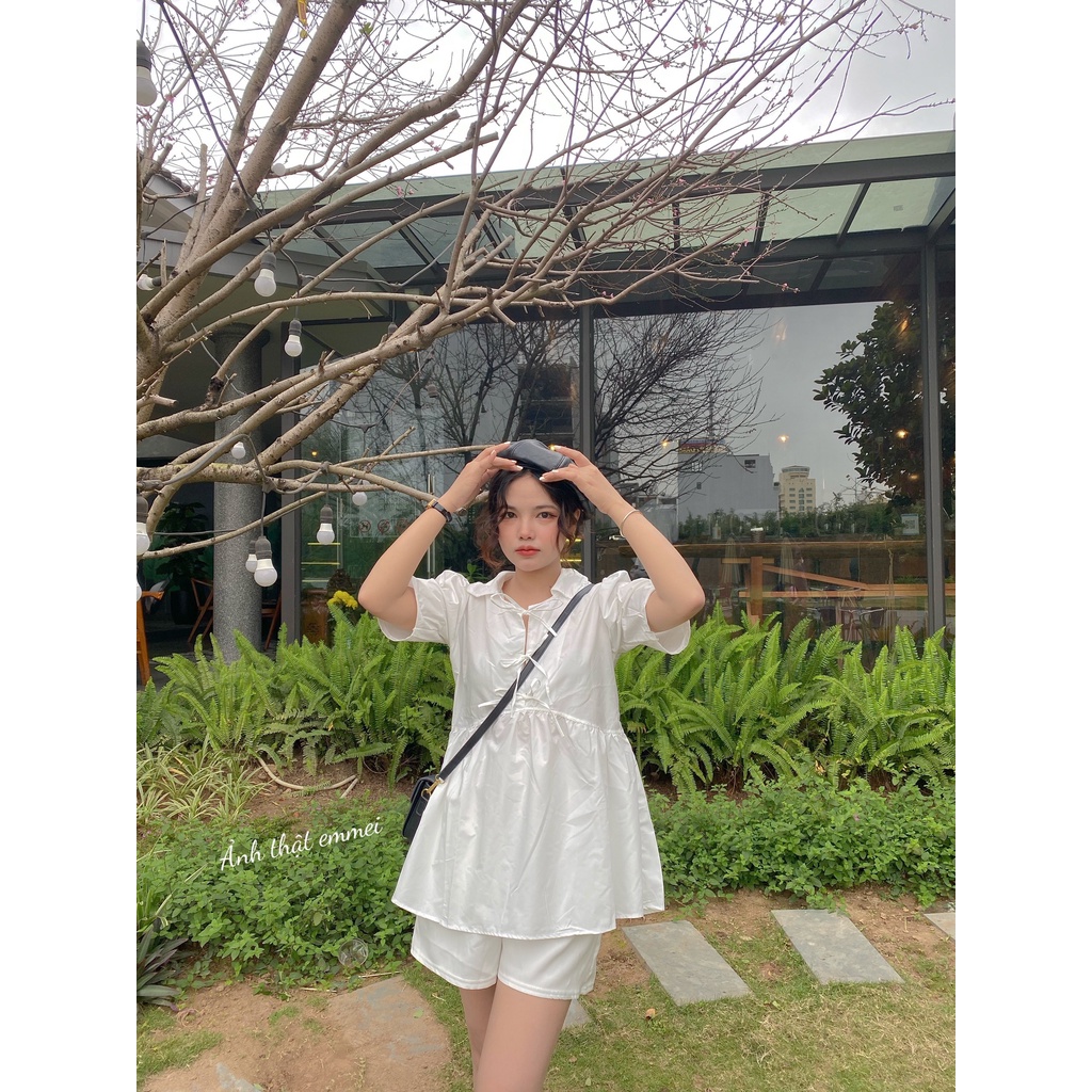 Áo babydol thắt nơ xinh đẹp, áo sơ mi nữ sinh ngắn tay V43 thời trang nữ emmei