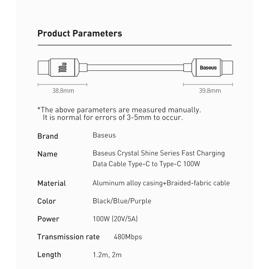 Dây sạc nhanh BASEUS 100W nối cổng USB C Type C 5A cho Samsung Xiaomi Redmi Pro
