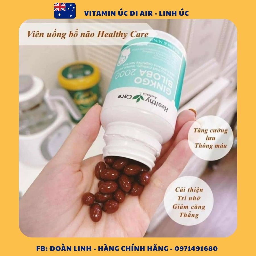 Bổ não Ginkgo biloba 2000mg Healthy Care 100v - Úc, Hàng Chuẩn Úc Đi Air