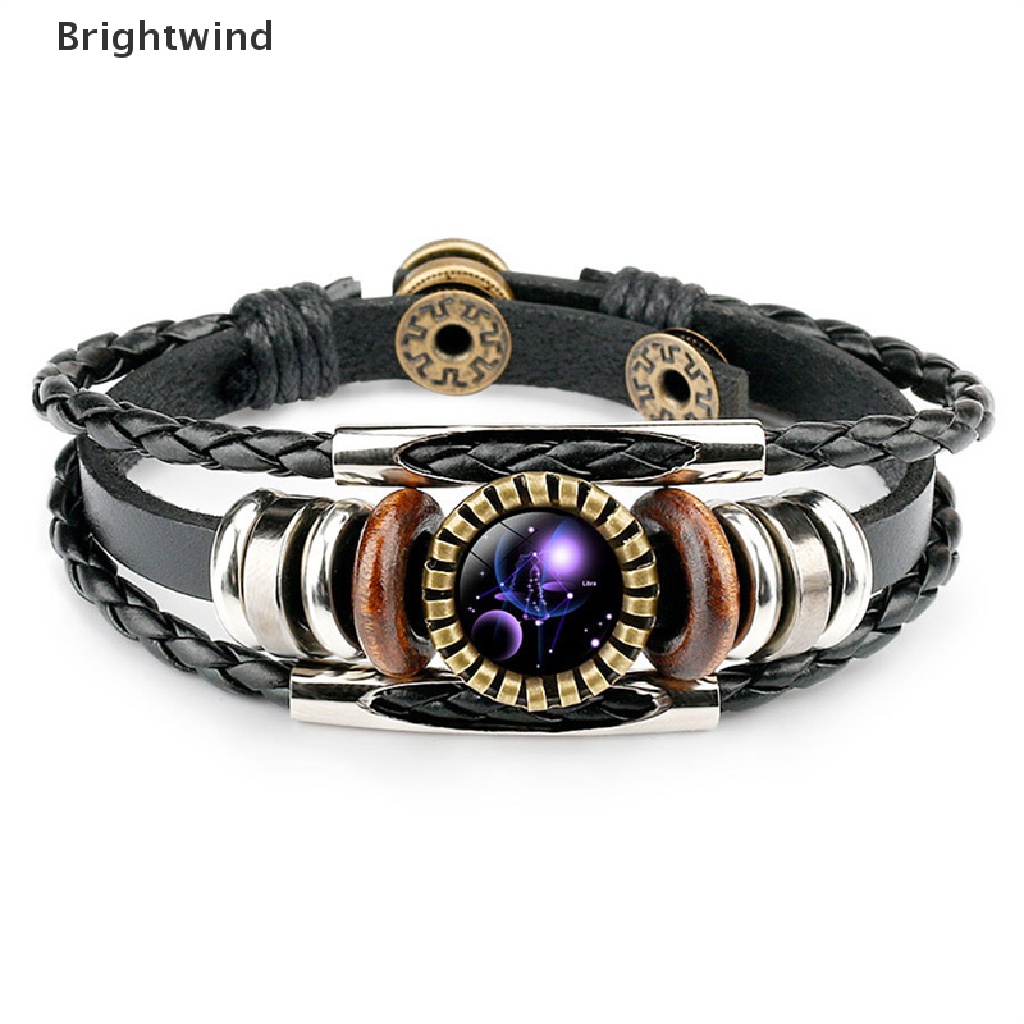 [Brightwind] 12 Constellation Zodiac Sign Black Braided Leather Bracelet Cancer Leo Virgo Libra Woven Glass Dome Jewelry
