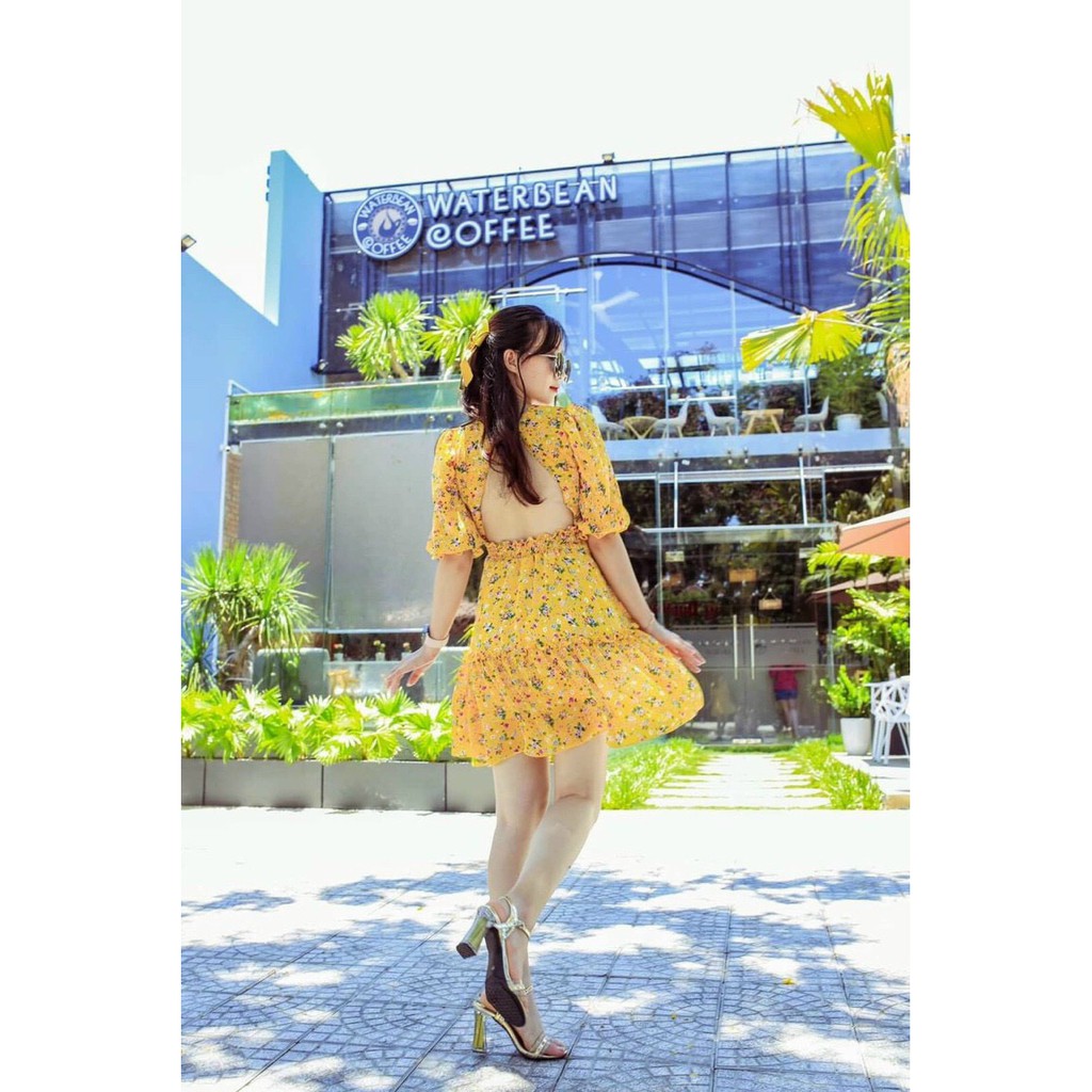 Đầm xòe lụa hàn họa tiết hoa nhí