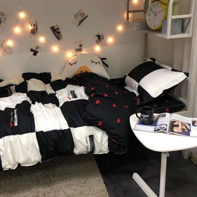 Bộ Chăn Ga Gối Tim Đen Cotton Poly