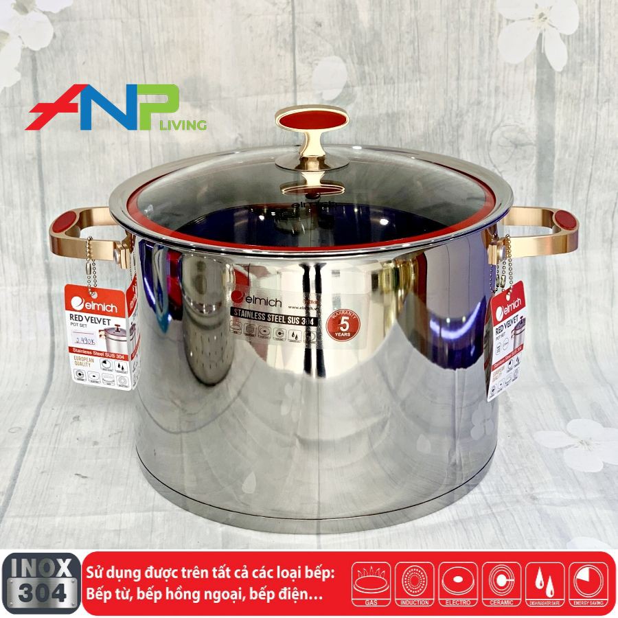 (Xoong) Nồi Inox cao cấp 5 lớp đáy Elmich Red Velvet - Hàng Nhập Khẩu Chính Hãng