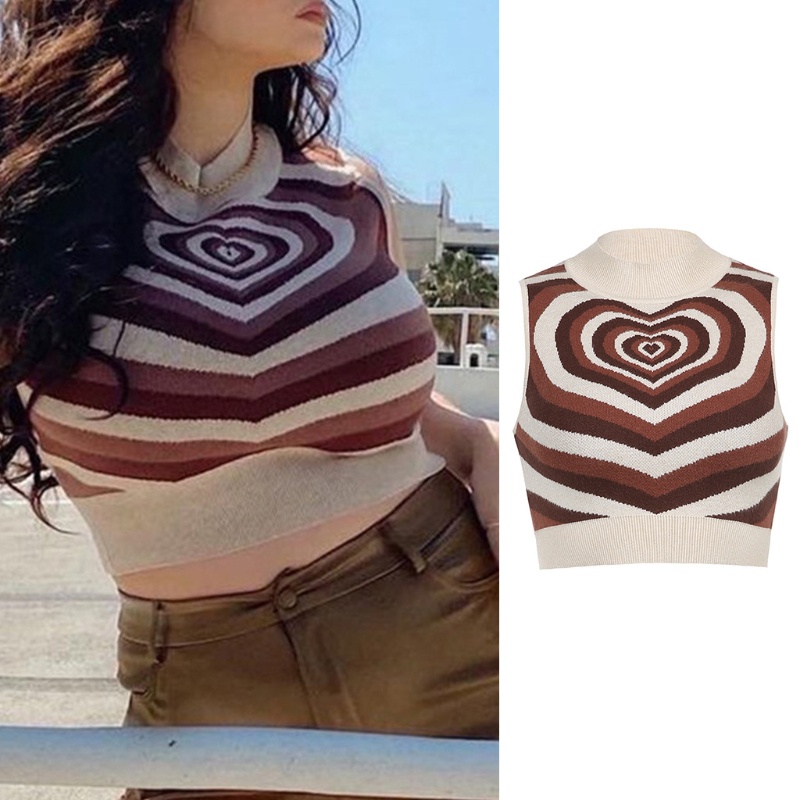 Áo Len Croptop Sát Nách Cổ Lọ Màu Sắc Tương Phản In Họa Tiết Trái Tim Phong Cách Harajuku Thời Trang Mùa Hè Cho Nữ