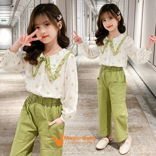Mới Set Áo Cổ Tam Giác Chấm Bi + Quần Dài Màu Xanh Lá Nhạt Phong Cách Hàn Quốc Thời Trang Mùa Thu Cho Bé Gái