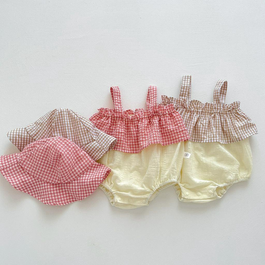 Áo liền quần Cotton Kẻ SọC Caro + Mũ Cho Bé GáI