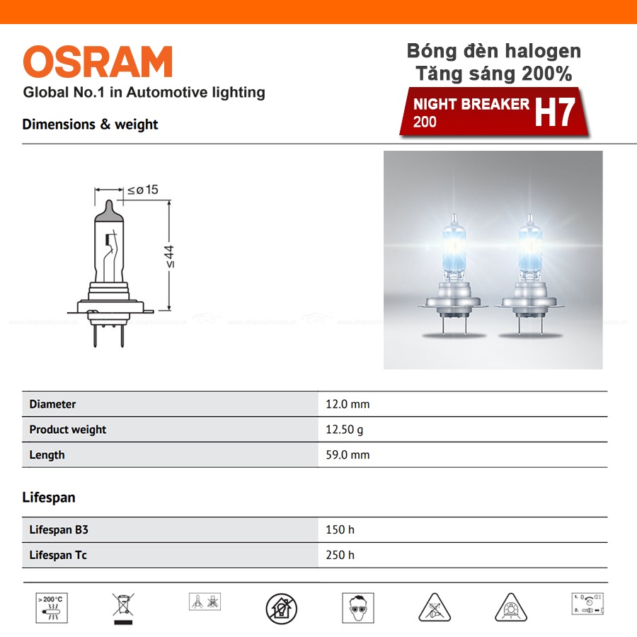 Combo 2 Bóng Đèn Halogen Tăng Sáng 200% OSRAM Night Breaker H7 64210NB200 12V 55W - Nhập Khẩu Chính Hãng