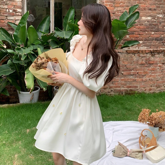 Váy nữ cổ vuông thiết kế tay phồng dáng xòe, Đầm thời trang công sở cao cấp dự tiệc sang trọng V113 | BigBuy360 - bigbuy360.vn