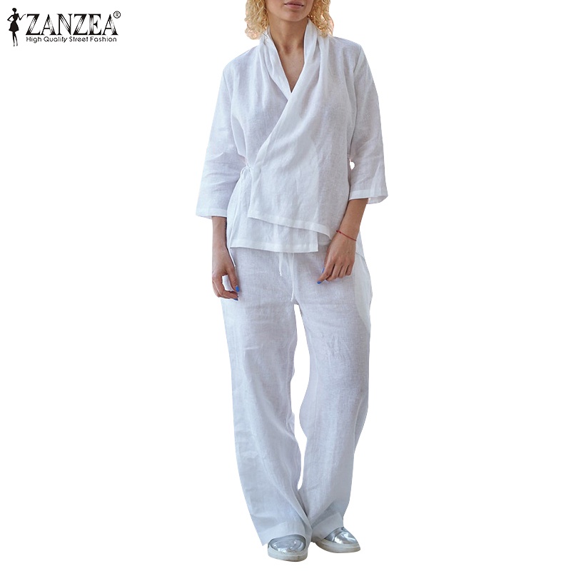 Set đồ 2 mảnh ZANZEA gồm áo tay 3/4 cổ chữ V kèm quần ống rộng lưng cao cho nữ