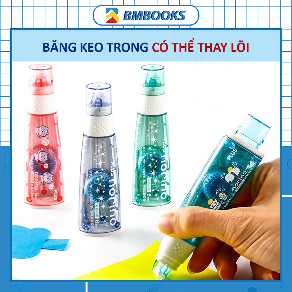 Băng keo trong Norino Plus dạng bút xóa kéo thay được ruột thiết kế cute nhiều màu sắc tùy chọn BMBooks