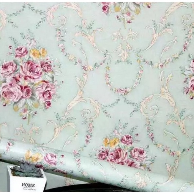 Giấy Dán Tường Đóa Hồng Cổ Điển Màu Xanh Có Keo Sẵn