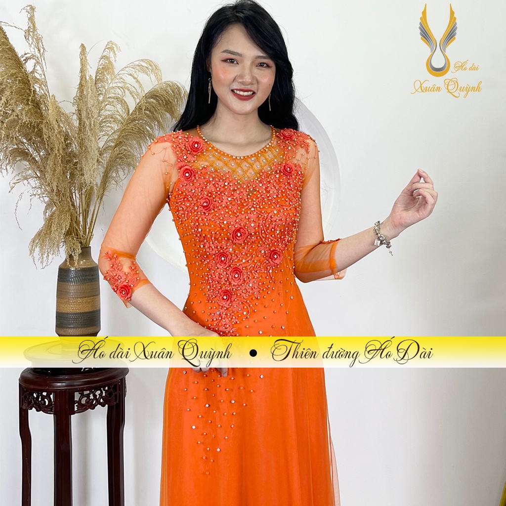 Áo Dài Sui Gia Màu Cam Đám Cưới Đám Hỏi Trẻ Trung Sang Trọng M03 - Áo Dài Xuân Quỳnh