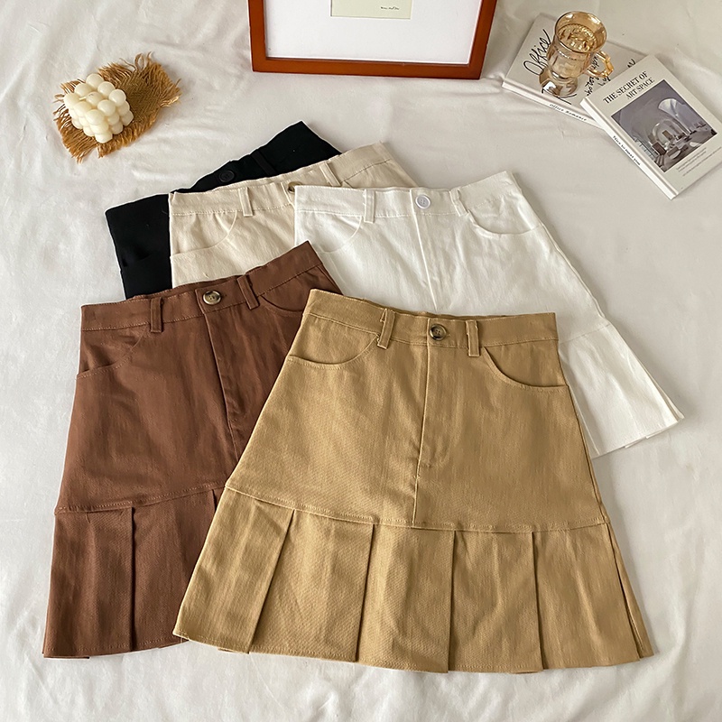 Chân Váy Midi Chữ A Lưng Cao Xếp Li Phong Cách Hàn Quốc