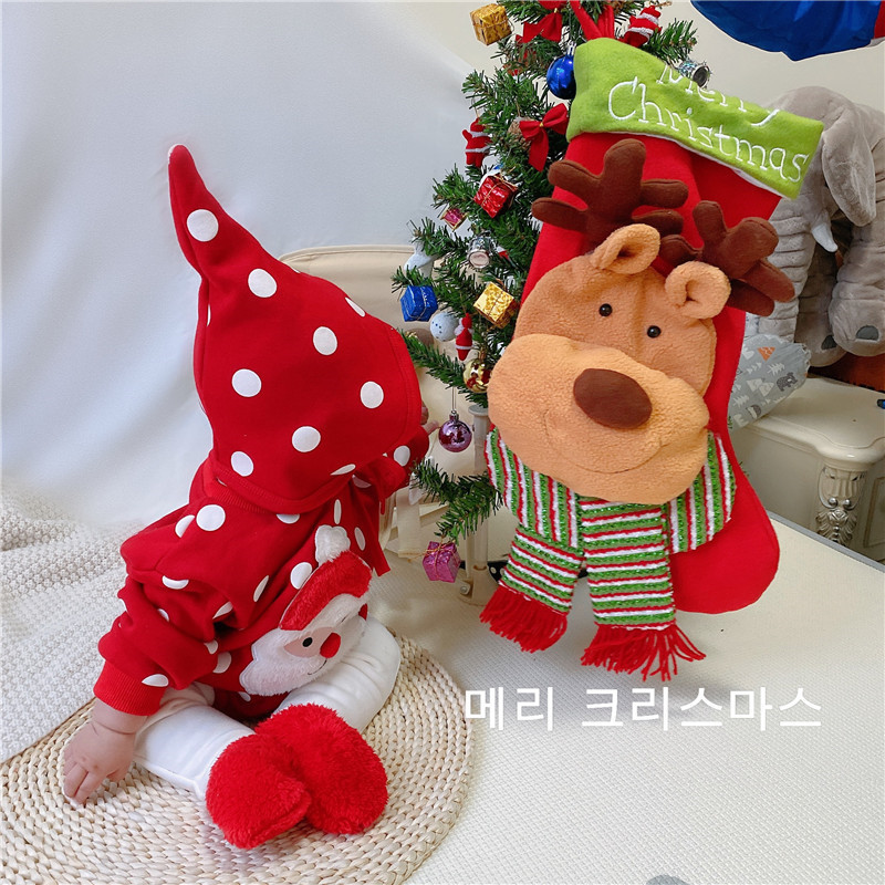 Bộ Áo Liền Quần + Nón Vải Dày Họa Tiết Giáng Sinh Dễ Thương Cho Bé Gái