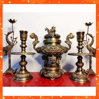 Bộ đồ thờ ngũ sự đỉnh song long chầu nguyệt cao 50cm màu hun giả cổ bằng đồng nguyên chất