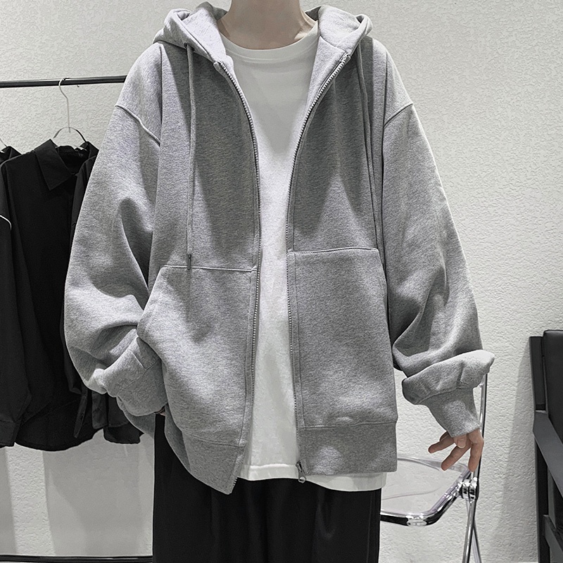 Áo Khoác Hoodie Tay Dài Dáng Rộng Màu Sắc Đơn Giản Phong Cách Hồng Kông Thời Trang Cho Nam