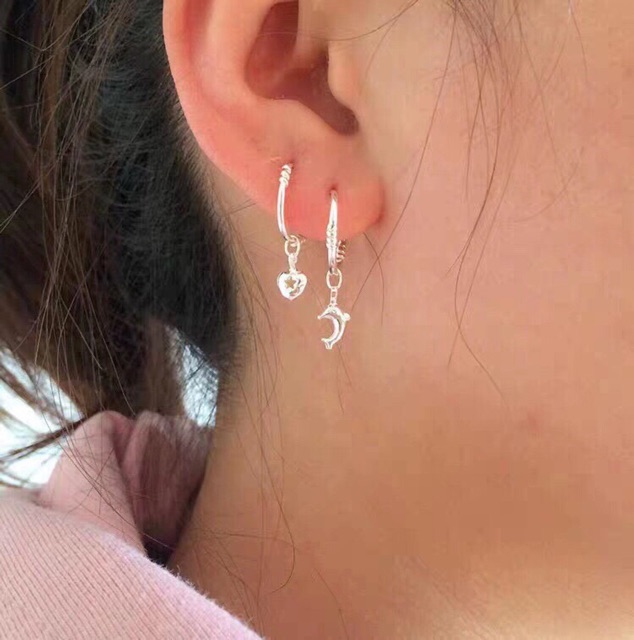 Khuyên tai tròn treo ngôi sao tim giọt nước, cá heo phồng cực xinh bạc nguyên chất