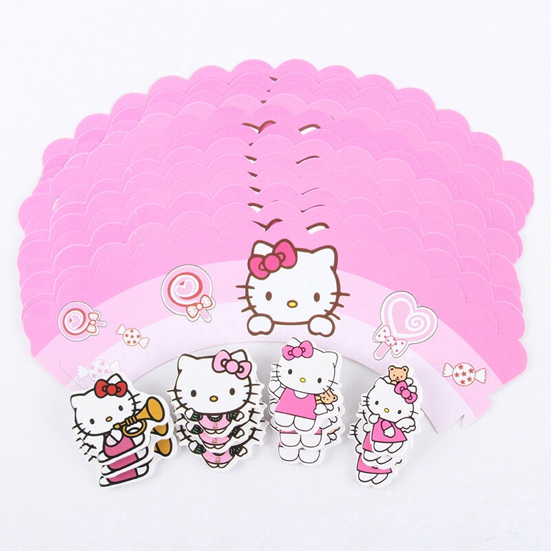 24pcs Happy Birthday Kitty Cupcake Wrappers Toppers