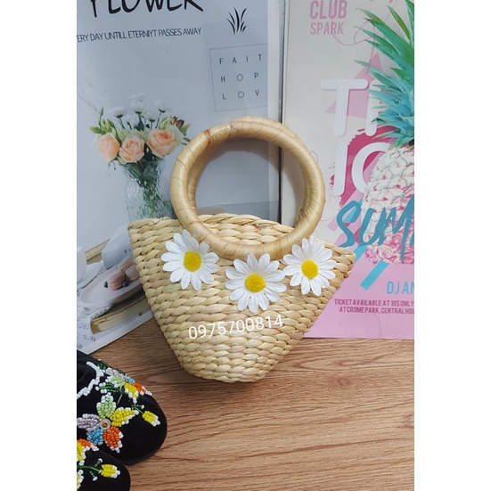 Túi cối lục bình hoa cúc trắng_Túi cối hanmade