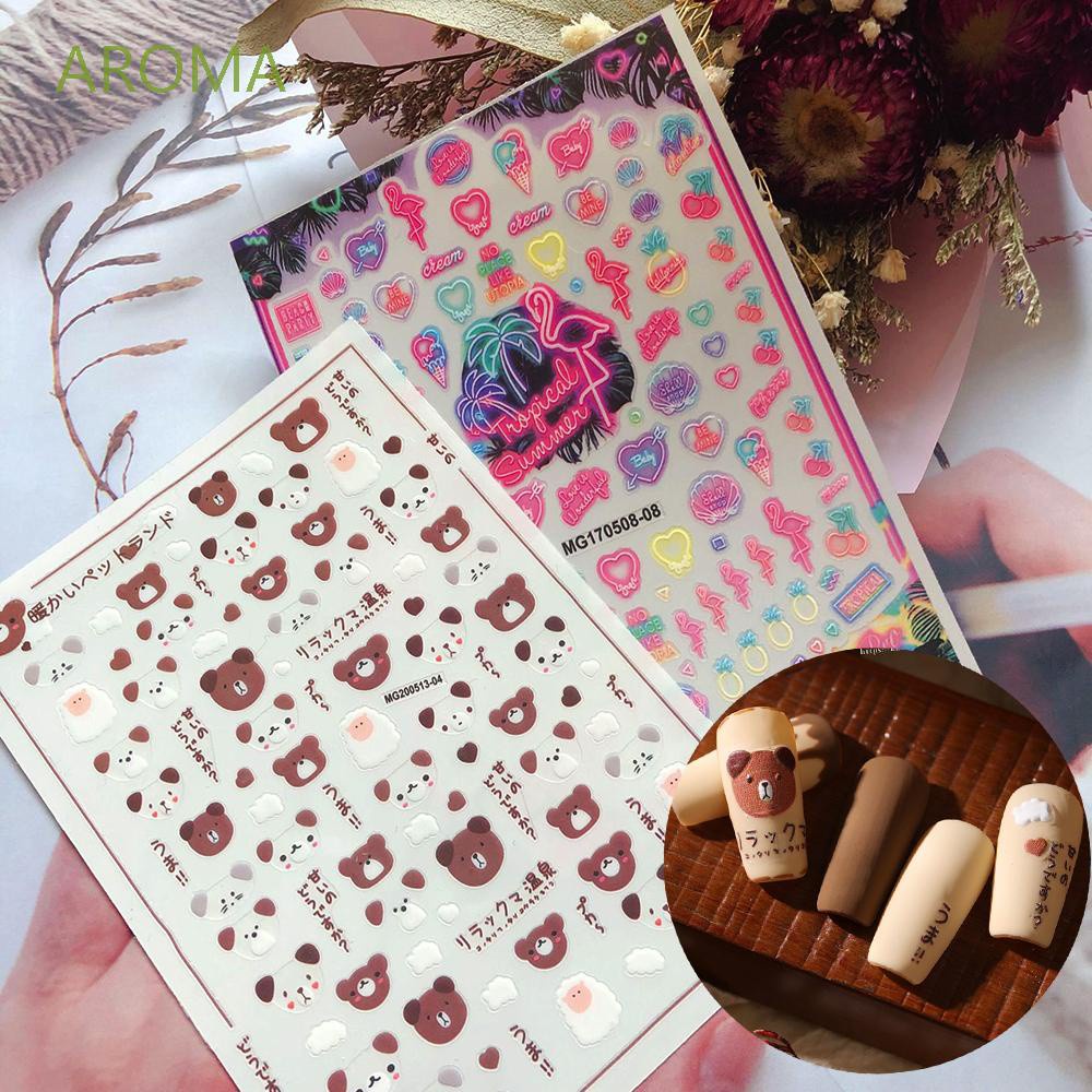 Sticker dán trang trí móng tay họa tiết gấu bông/quả anh đào/trái tim xinh xắn