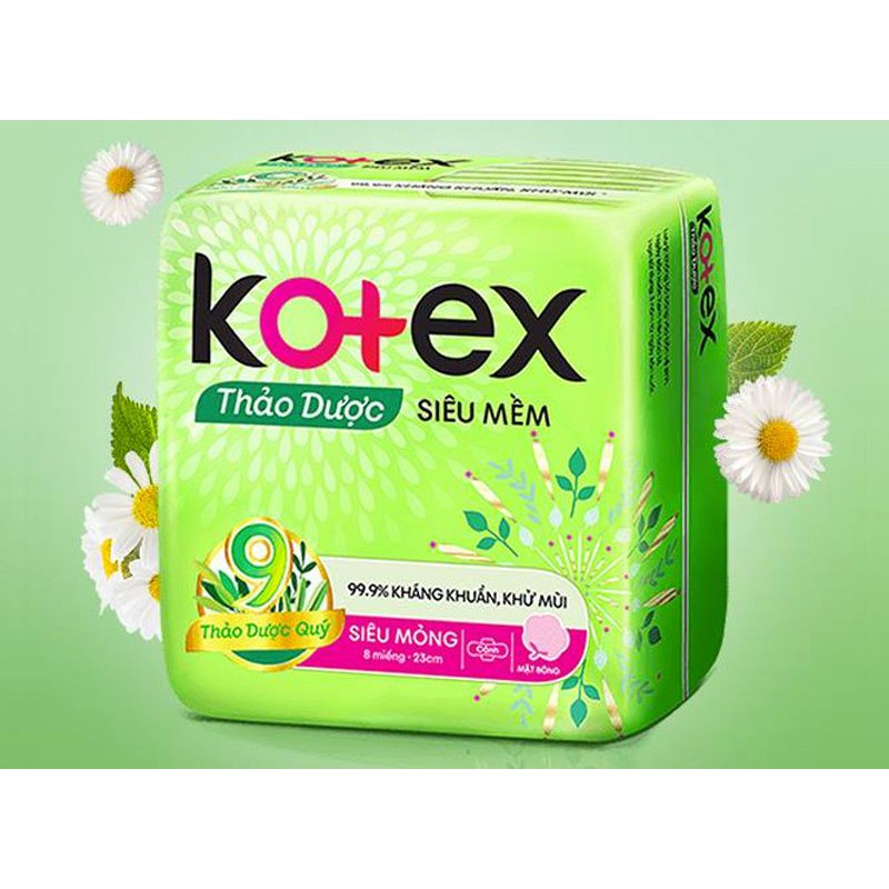 Băng Vệ Sinh Kotex Thảo Dược Siêu Mỏng Cánh 23CM (8 Miếng)