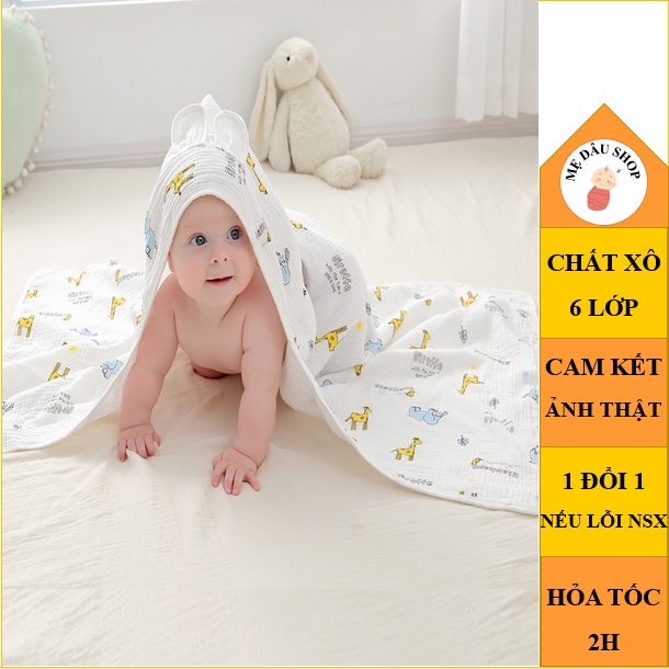 Khăn tắm cho bé vải xô 6 lớp hàng cao cấp, áo choàng có mũ siêu thấm hút 2 trong 1