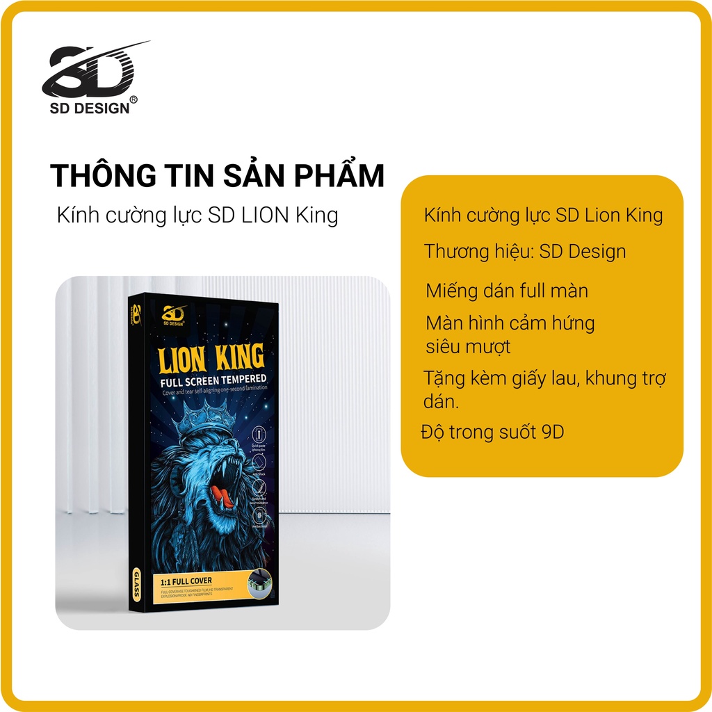 Kính Cường Lực iPhone Full Màn Tự Dán LION KING Chính Hãng SD DESIGN Có Sẵn Khung Dán Dễ Dàng Màng Loa Chống Bụi Bẩn