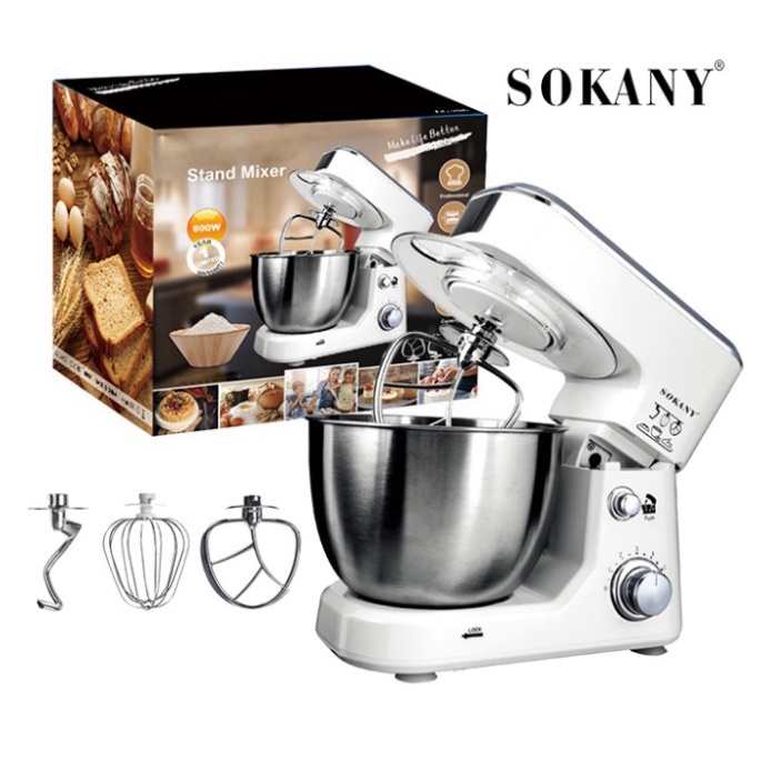 Máy nhồi bột đánh trứng trộn bột làm bánh nhà bếp 4 lít SOKANY SC-209 với 6 cấp độ xoay, tô trộn Inox