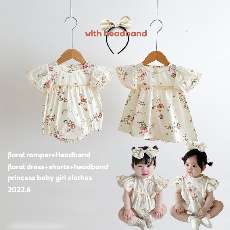 Bộ Áo Liền Quần Tay Cánh Tiên In Hoa + Băng Đô Cài Tóc Cho Bé Gái